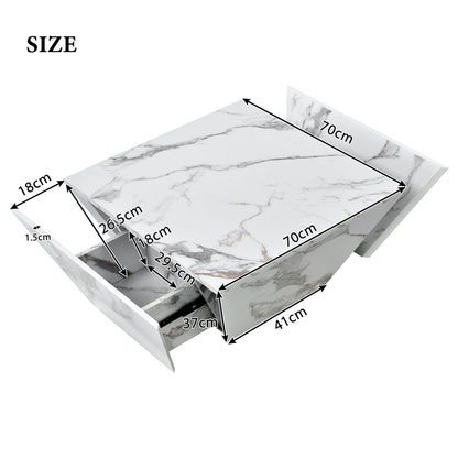 Salontafel – Koffietafel – Woonkamertafel – Tafel Met Opbergruimte – Trapeziumvormige Tafel – MDF Met Wit Marble Veneer – 2 Lades – 70x70x37 cm