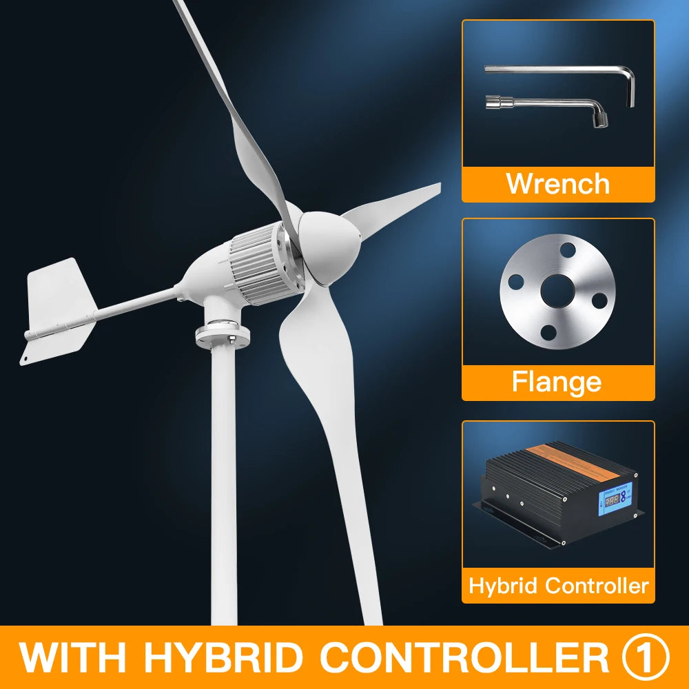 Windturbine – Horizontale Turbine – Windgenerator – Duurzame Energie – 5000W – Aluminium Behuizing - 24V - Wind Hybride Regelaar - QUORE