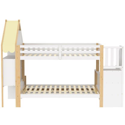Hoogslaper – Stapelbed – Kinderbed – Mezzaninebed – Zolderbed – Tweepersoonsbed 90x200 & 140x200 cm – Massief Houten Frame – Met Ladder & 2 Opberglades – Zonder Matras