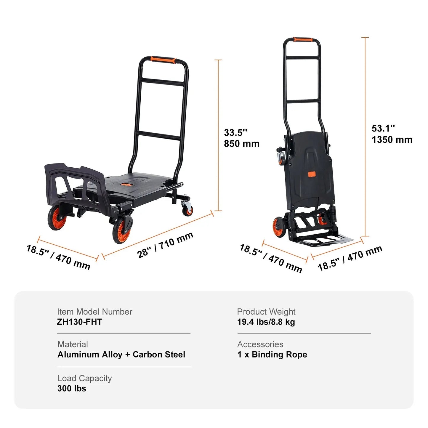 Steekwagen - Transportkar - Transportwagen - Magazijnwagen - Platformwagen -  2-in-1 Handtruck  - Opvouwbare - Aluminium - 136 kg Capaciteit -Draagbare Trolley voor Magazijn, Supermarkt en Tuin - Steekkar