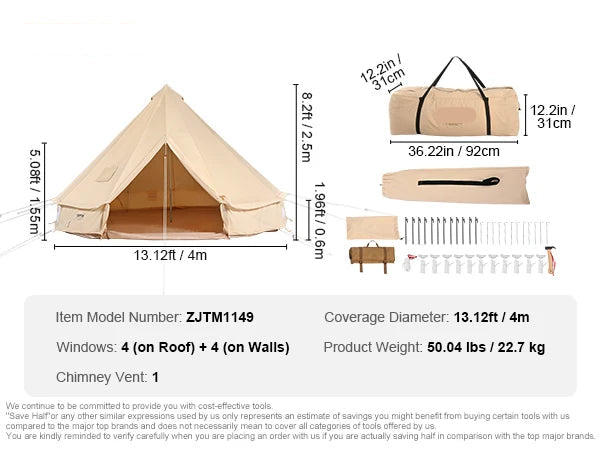 Canvas Bell Tent - Tent - Pop up tent- Kampeertent - 4M Diameter - Tipi tent - 4-Seizoenen Gebruik – Ademend & Waterdicht – Inclusief Kachelopening – Geschikt voor Kamperen & Outdoor - QUORE