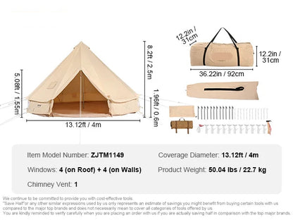 Canvas Bell Tent - Tent - Pop up tent- Kampeertent - 4M Diameter - Tipi tent - 4-Seizoenen Gebruik – Ademend & Waterdicht – Inclusief Kachelopening – Geschikt voor Kamperen & Outdoor - QUORE