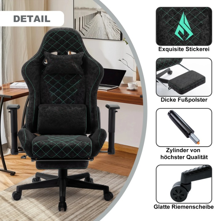 Gaming Stoel - Bureaustoel - Swivel Stoel - met Voetsteun - Verstelbare - Rugleuning - Lendenkussen - Racing Chair  Stijl - Ergonomische - Draaibare - 47 x 47 x 135 cm - Zwart