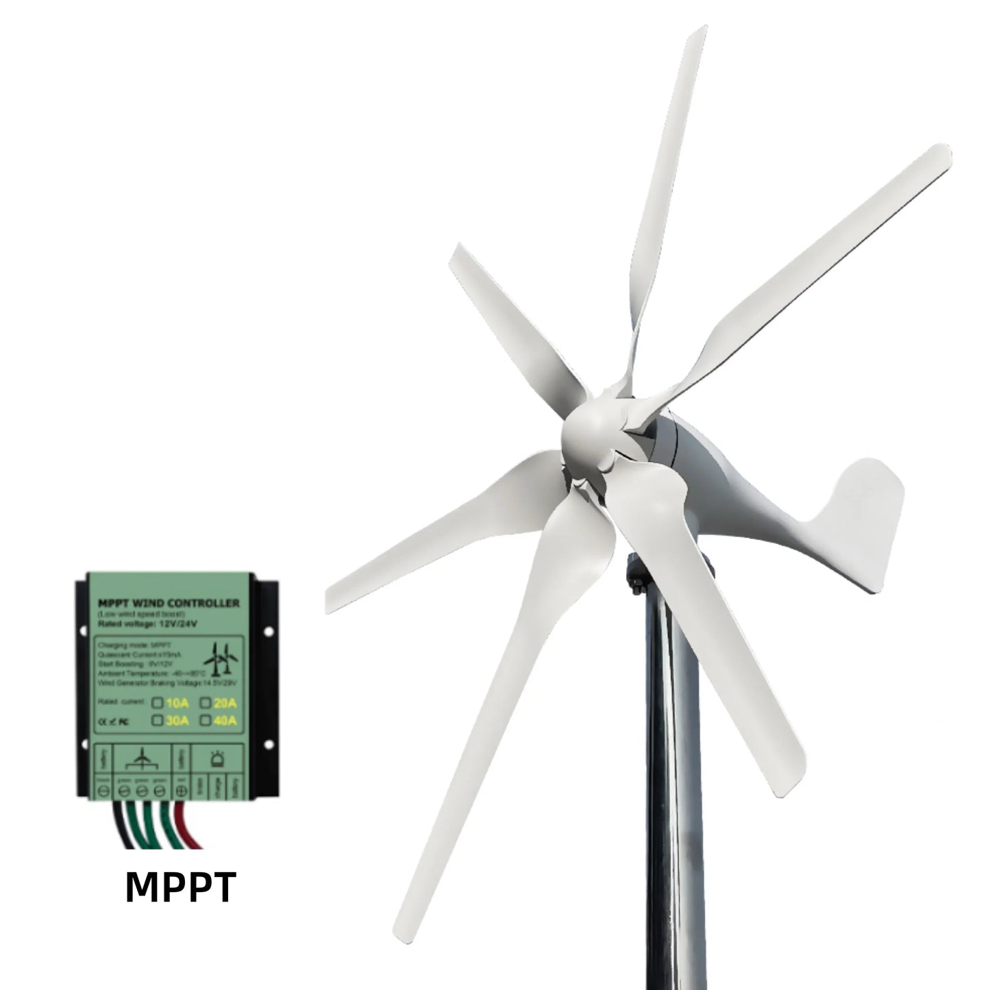 Windturbine – Duurzame Energie – Windgenerator – 6-Bladig – 1000W Vermogen – Glasvezel Basalt Bladen - 24V - Met MPPT-controller
