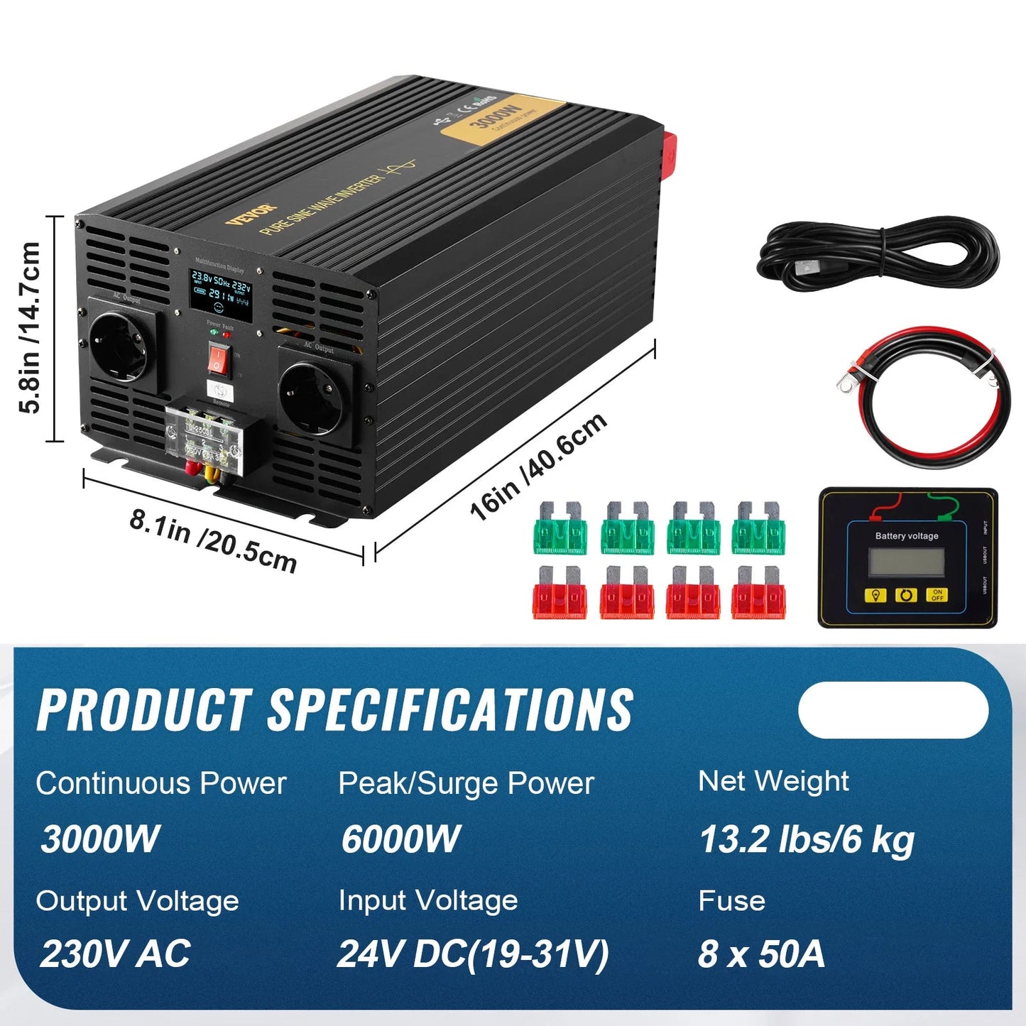 Omvormer – Stroomomvormer – Spanningsomzetter – DC Naar AC – 3000W Continue Vermogen – Zuivere Sinusgolf
