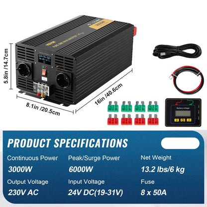 Omvormer – Stroomomvormer – Spanningsomzetter – DC Naar AC – 3000W Continue Vermogen – Zuivere Sinusgolf