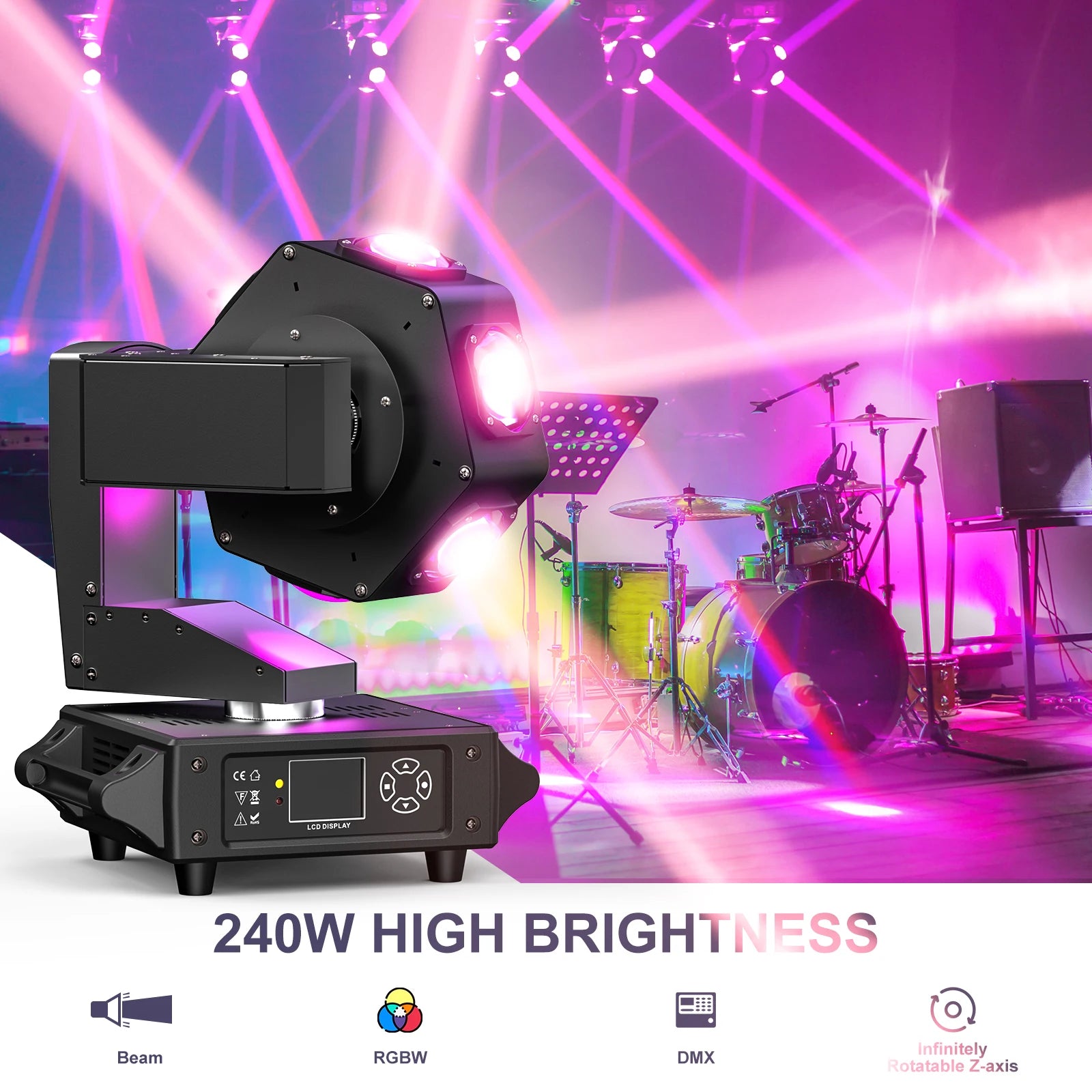 Moving Head DJ Verlichting – Podiumlamp – Disco Licht – Party Lamp – LED Beam Licht – Set van 2 EU Plug – 240W RGBW LED – 360° Draaibaar Met DMX512 - QUORE