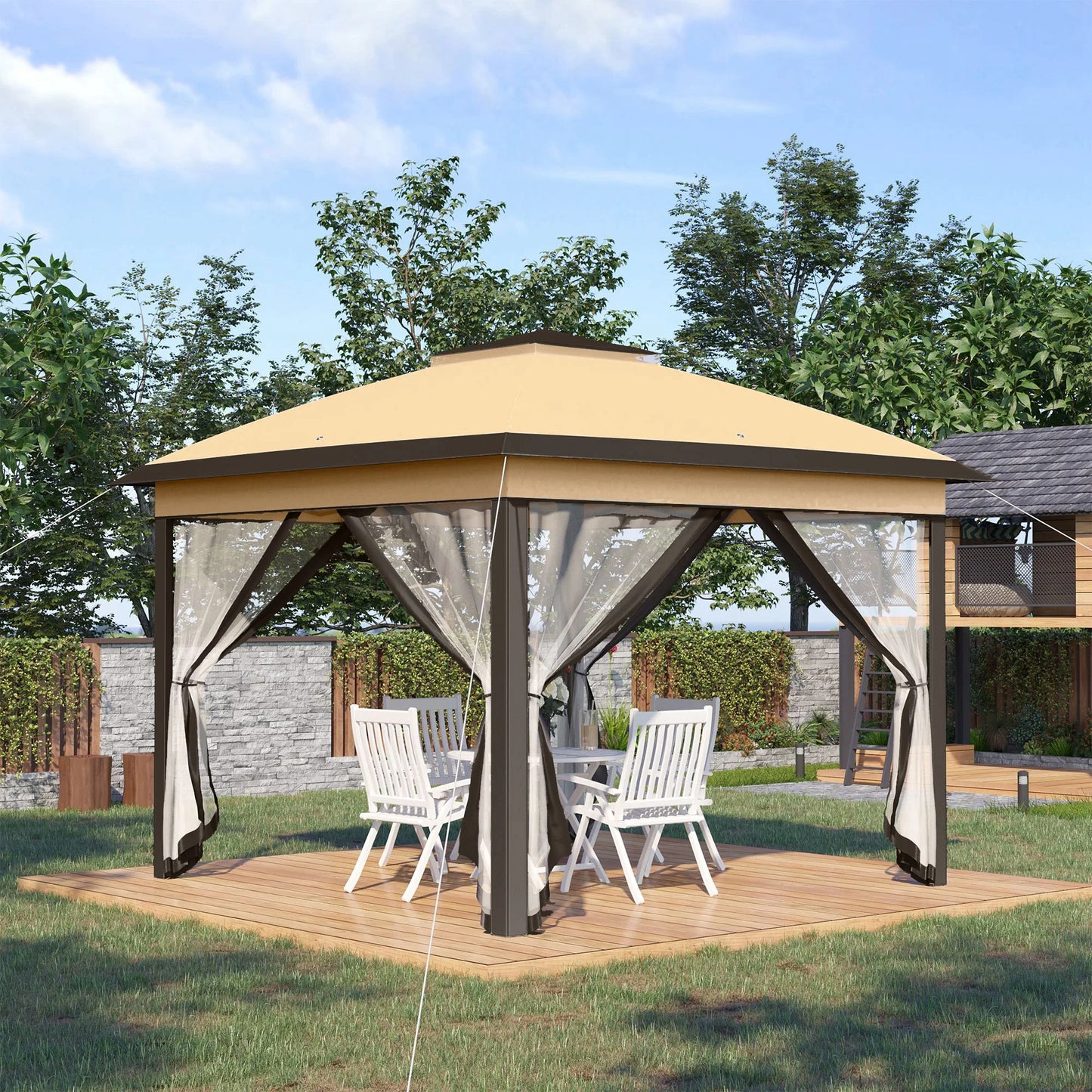 Paviljoen - Tuinpaviljoen - Partytent - Tuintent - Pop-up Kliksysteem - Stabiel - Vouwtent - met Mesh Cover - Draagtas - Opvouwbaar - Waterdicht - Winterbestendig - 50+UV-Bescherming - voor Tuin - Buiten - Achtertuin - 330 x 330 x 288 cm - Beige - QUORE