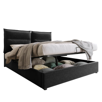 Tweepersoonsbed – Bed – Slaapbed – Opbergbed – Fluwelen Bed – Donkergrijs 140x200 cm – Verstelbaar Hoofdeinde – XXL Hydraulische Opbergruimte