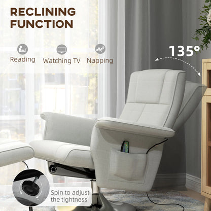 Massagestoel – Relaxfauteuil – Wellnessstoel – Massagefauteuil – Ottoman – 8-Punts Vibrerende Massage – Ademend Linnenstof - Wit