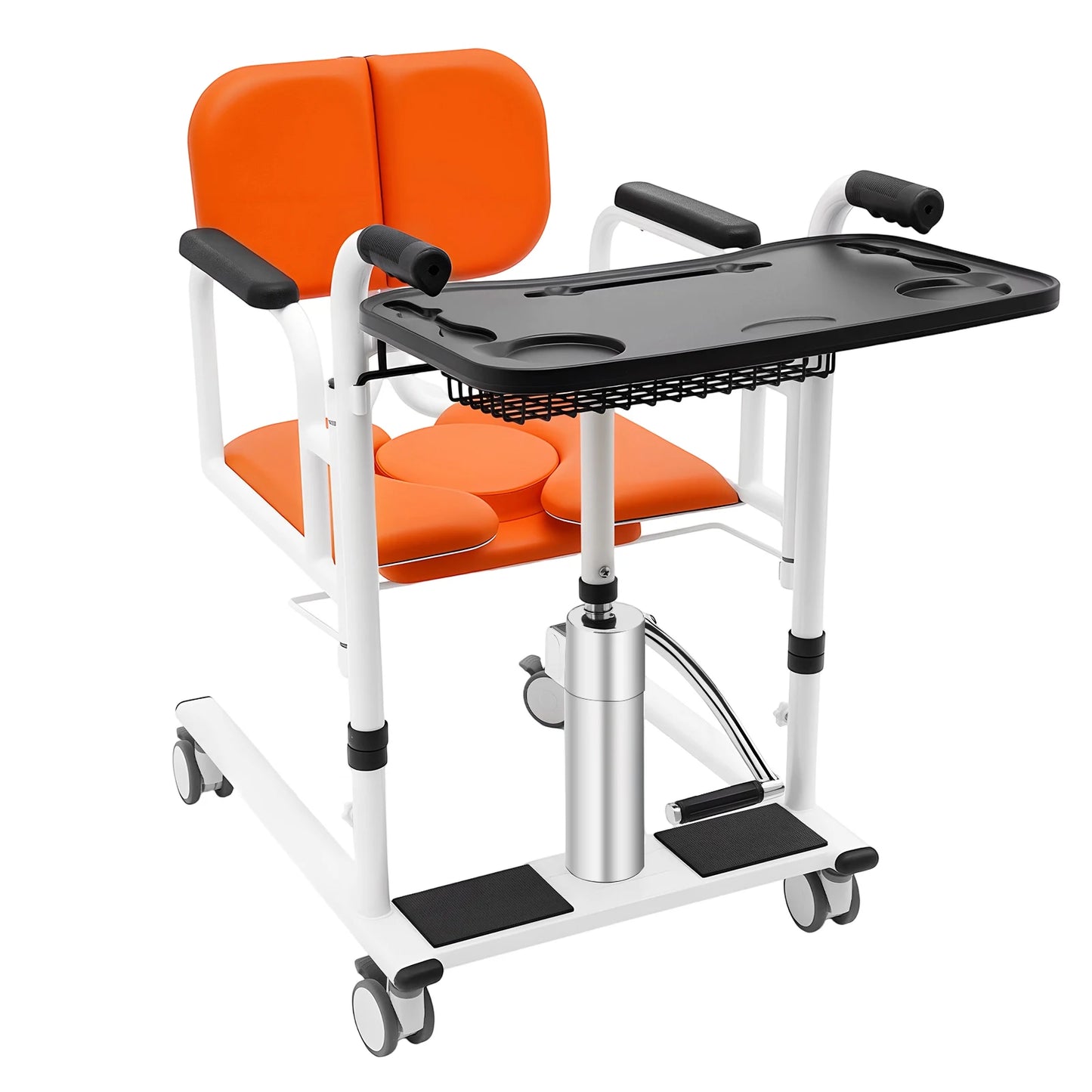 Houdstoel Verplaatsbaar – Transferstoel – Zorgstoel – Patiëntstoel – Mobiliteitsstoel – Hydraulische Hoogteverstelling – 180° Openklapbare Rugleuning – Oranje