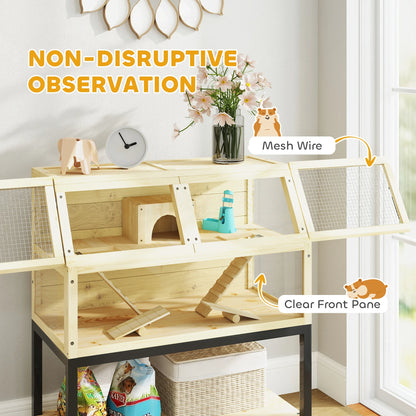 Houten Dierenkooi – Hamsterkooi – Knaagdierkooi – Kleine Huisdierkooi – Ruime Kooi Met Twee Verdiepingen – Vier Wieltjes – Opbergruimte - 87 x 43 x 101 cm - Geel - QUORE