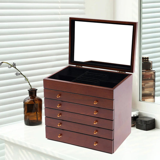 6-Lagen Houten Sieradendoos - Met 5 Lades - Grote Sieraden- en Accessoire Organizer - Opbergdoos - Vintage met Spiegel - QUORE