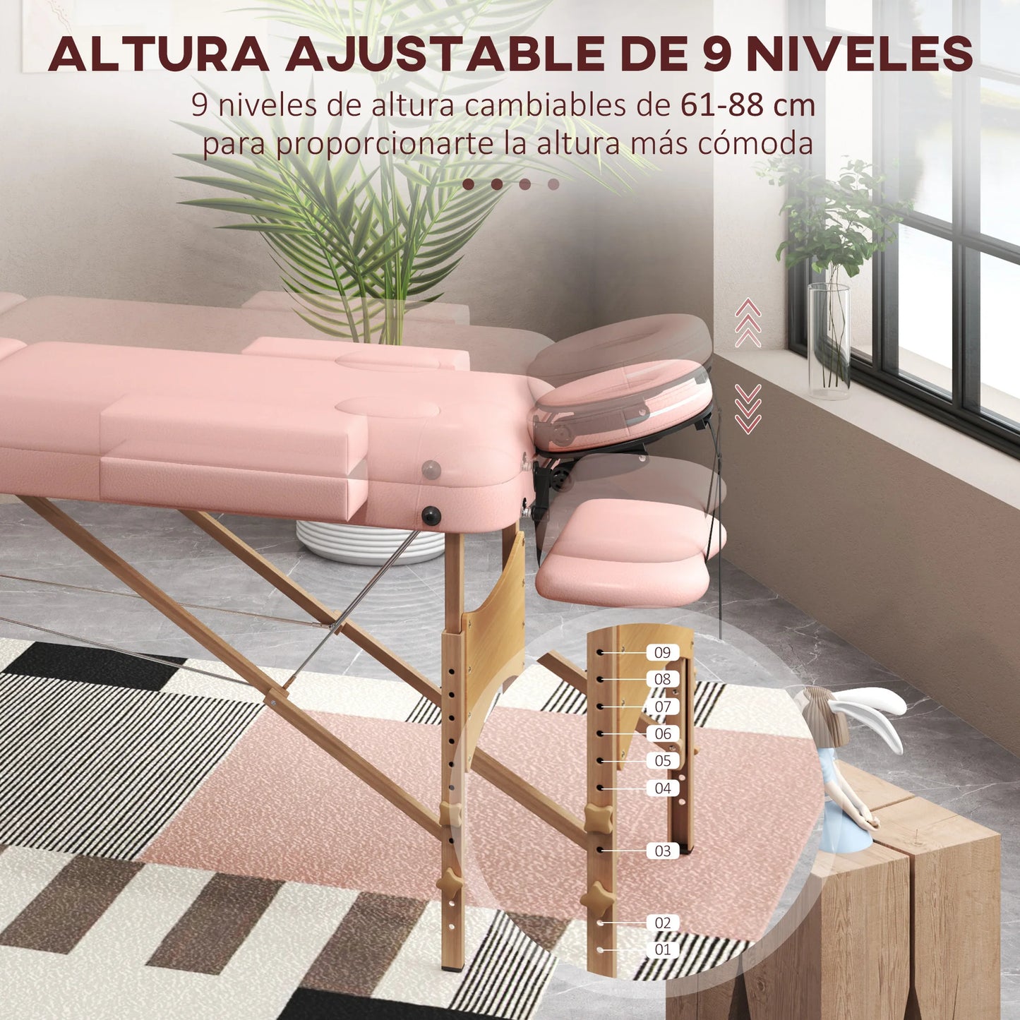 Massagetafel Inklapbaar - Behandeltafel - Massagebank - Verstelbaar Massage Bed - 185x60cm - Hoogte 64-88cm - Draagbaar en Comfortabel - Roze - QUORE