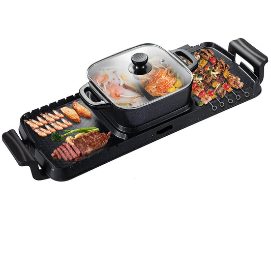 Elektrische BBQ Pan - 2 in 1 - 2400W - Gourmet - Hotpot Electrisch - Koreaanse BBQ - Korean Grill - Party Pan - Anti Aanbak - Rookloos - Antiaanbak - Afneembaar - Zwart
