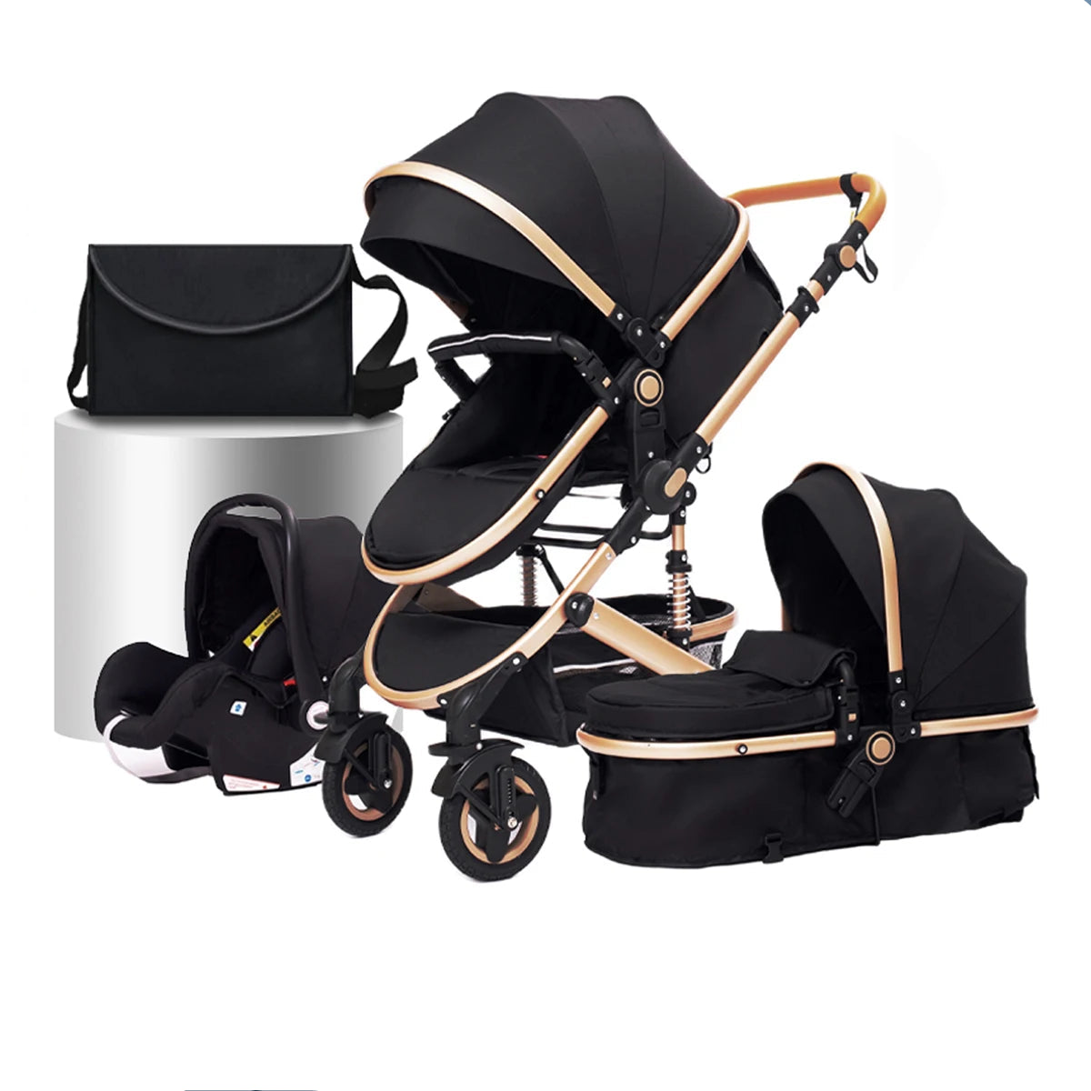 Kinderwagen - Buggy - Baby Kinderwagen 3 in 1 - Opvouwbare - Wandelwagen - Hoog Landschap Babywagen - voor Pasgeborenen - Zwart met Goud