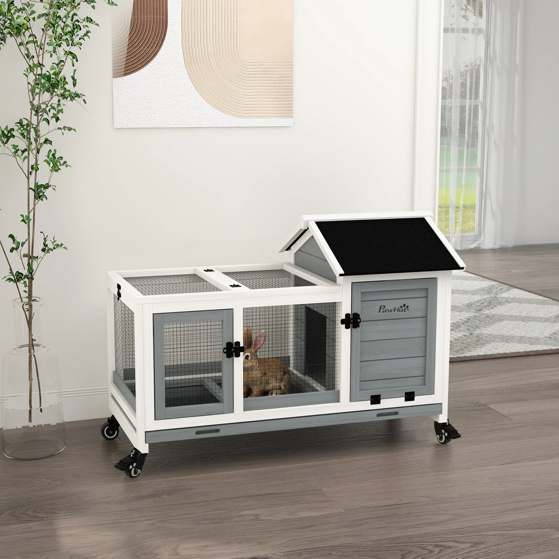 Konijnenkooi – Caviakooi – Huisdieren Kooi – Kleine Dieren Verblijf – Stevig Hout – Uitneembare Tray - 108 x 58 x 73.5 cm - Grijs - QUORE