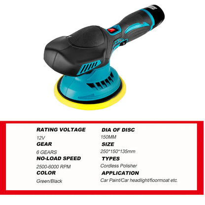 Polijstmachine Auto - Mini - Polijstmachine - Accu - Poetsmachine - 6000RPM Draadloos - 12V Elektrische - 6 Snelheden - Waxen - Compact - Krachtig -2 Batterijsets