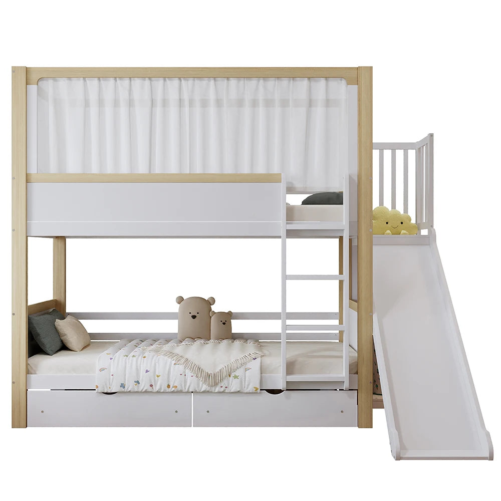Kinderstapelbed – Stapelbed Kinderbed Bedbank Speelbed – Wit 90x200 cm – Glijbaan – Opberglades met Wieltjes