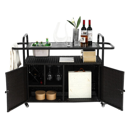 Mobiele Buitenbar – Buitentafel – Serveerwagen – Bar Op Wielen – PE-Rattan – Weerbestendig Frame – 70 Kg Draagkracht