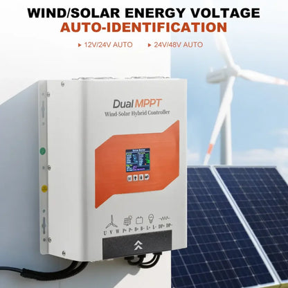 Dual MPPT Hybrid Controller – Zonne-Energie Regelaar – Windenergie Converter – Off-Grid Energiebeheer – Batterijlader – 12V/24V/48V Auto – 6000W Windcapacity – Intelligente Ontlading met LCD Display - QUORE
