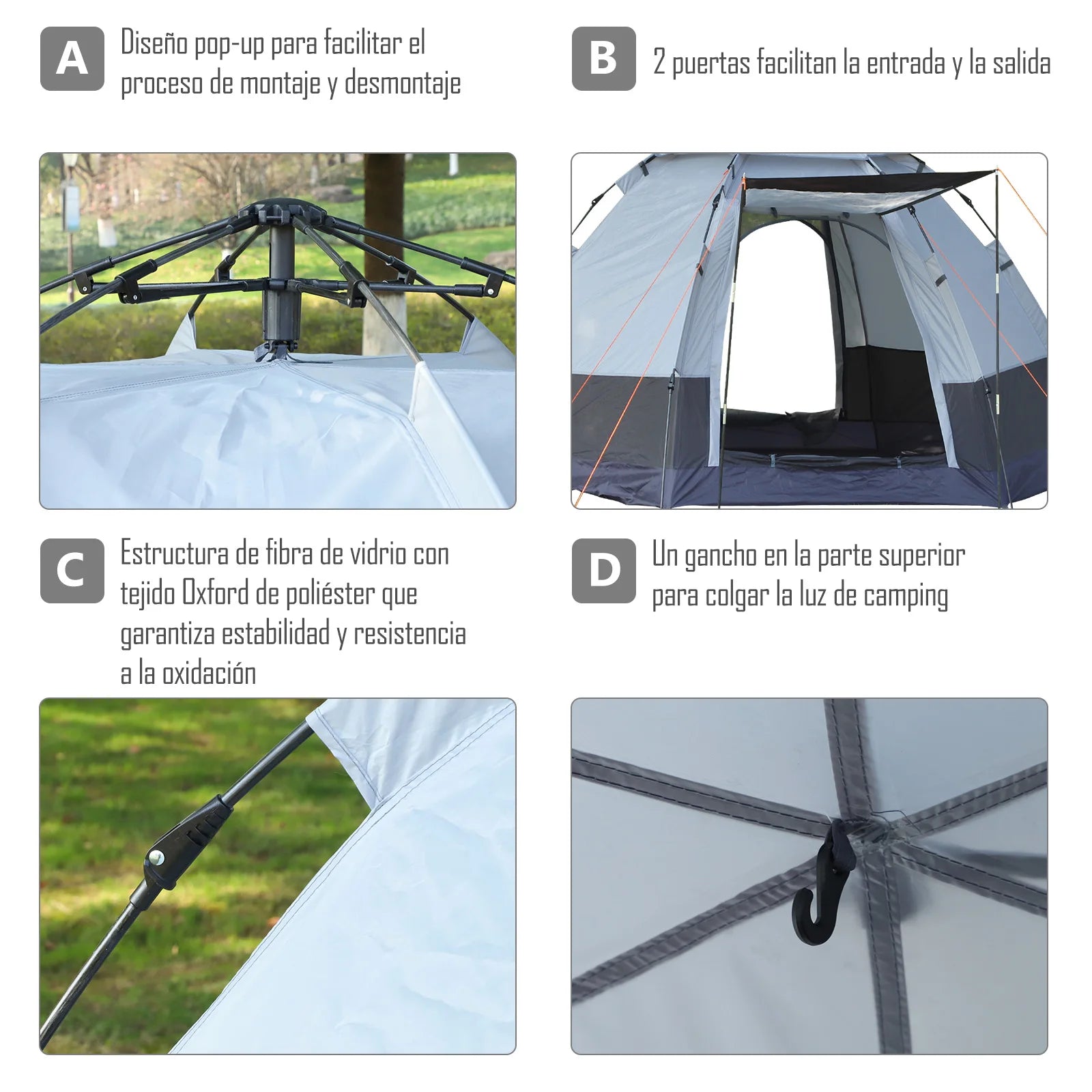 Opvouwbare Tent voor 2-3 Personen - 260x260x150 cm Zwart en Grijs - Waterdicht - UV-Bestendig - Draagtas en Accessoires Inclusief - QUORE