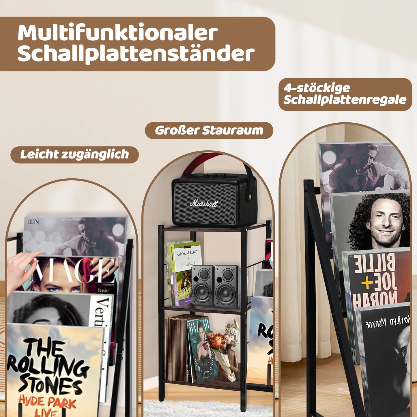 Vinylrek – Vinylplank – Platenkast – Opbergkast – Boekenkast – Duurzaam Waterbestendig Hout – Robuust Metalen Frame - 84 x 30 x 75.5 cm - Zwart