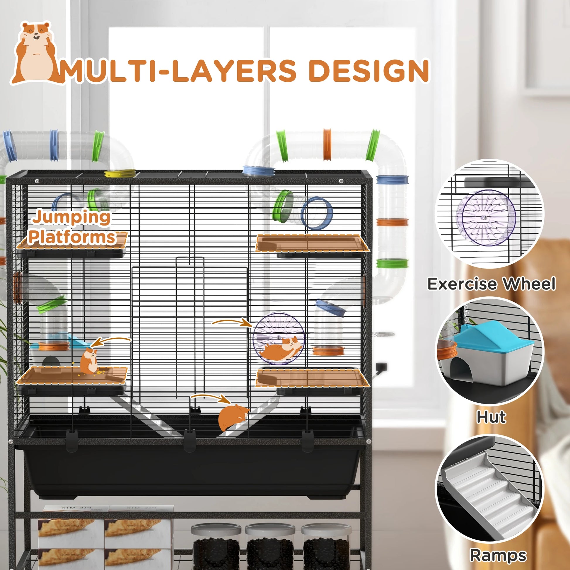 Knaagdierkooi – Hamsterkooi – Knaagdierverblijf – Kooi Met Buisjes – Dierenkooi – Ruim 109x82x46 cm – Inclusief Loopwiel & Waterfles – Zwart - QUORE
