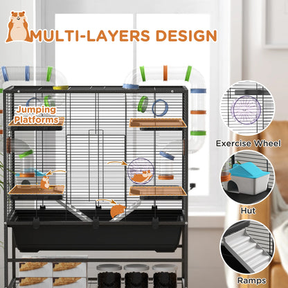 Knaagdierkooi – Hamsterkooi – Knaagdierverblijf – Kooi Met Buisjes – Dierenkooi – Ruim 109x82x46 cm – Inclusief Loopwiel & Waterfles – Zwart - QUORE