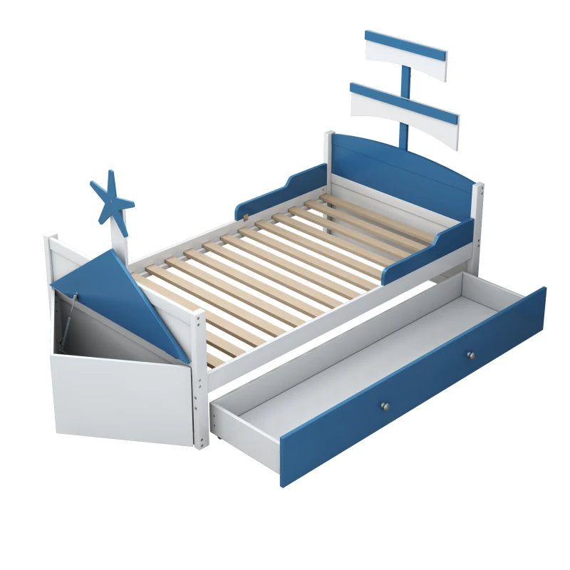 Houten kinderbed - Zeilbootvorm - Lades - Opbergkast Aan Het Einde Van Het Bed - Eenpersoonsbed - Blauw