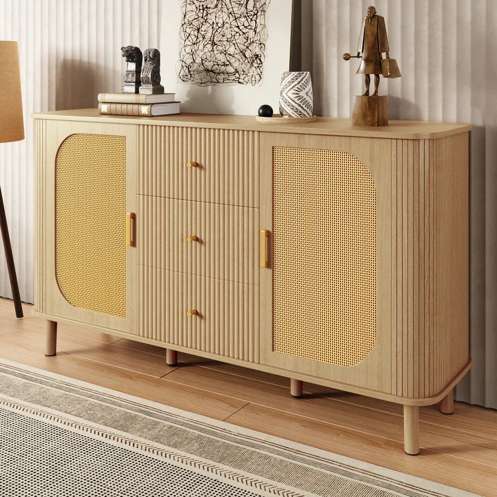 Dressoir – Tv Meubel – Kast – Opbergkast – Wandmeubel – Modern Design Met Rattan Deuren – Met Kabeldoorvoer En Robuuste Metalen Poten