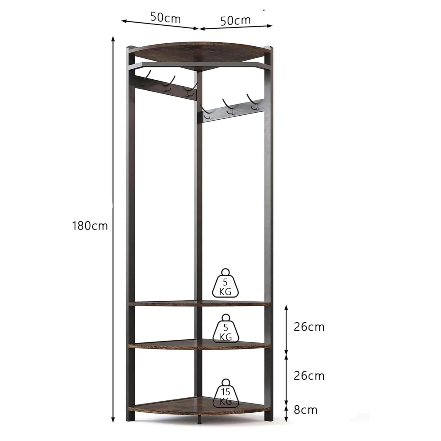 Hoekkapstok met Schoenenbank en 6 Haken - Multifunctioneel Kledingrek - Opbergruimte met Plank - Stabiel en Ruimtebesparend - Industrieel Modern - 50 x 50 x 181 cm - Bruin - QUORE