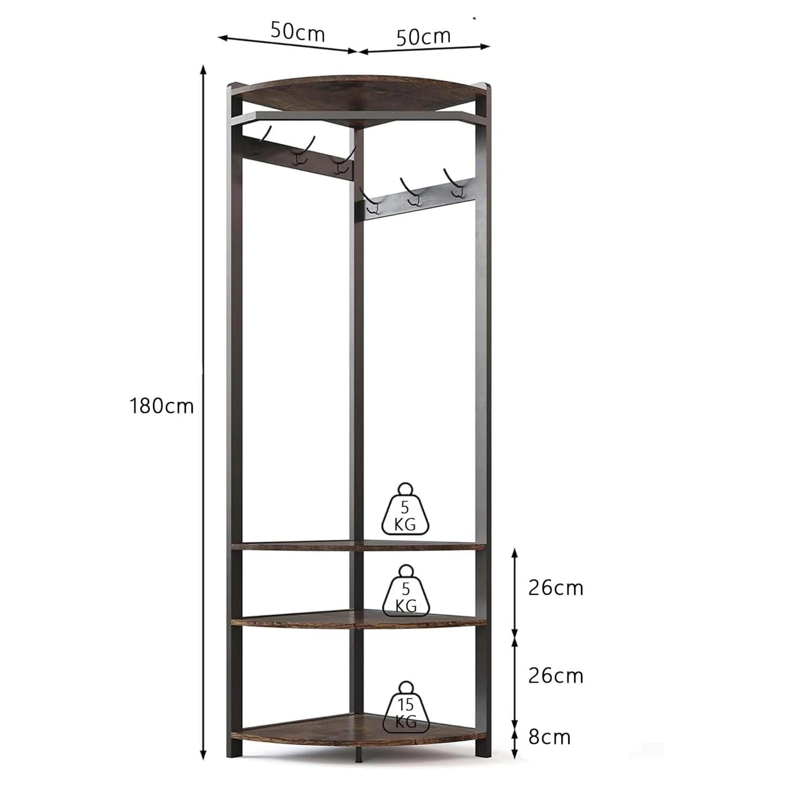 Hoekkapstok met Schoenenbank en 6 Haken - Multifunctioneel Kledingrek - Opbergruimte met Plank - Stabiel en Ruimtebesparend - Industrieel Modern - 50 x 50 x 181 cm - Bruin - QUORE