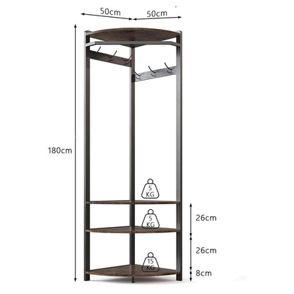 Hoekkapstok met Schoenenbank en 6 Haken - Multifunctioneel Kledingrek - Opbergruimte met Plank - Stabiel en Ruimtebesparend - Industrieel Modern - 50 x 50 x 181 cm - Bruin - QUORE
