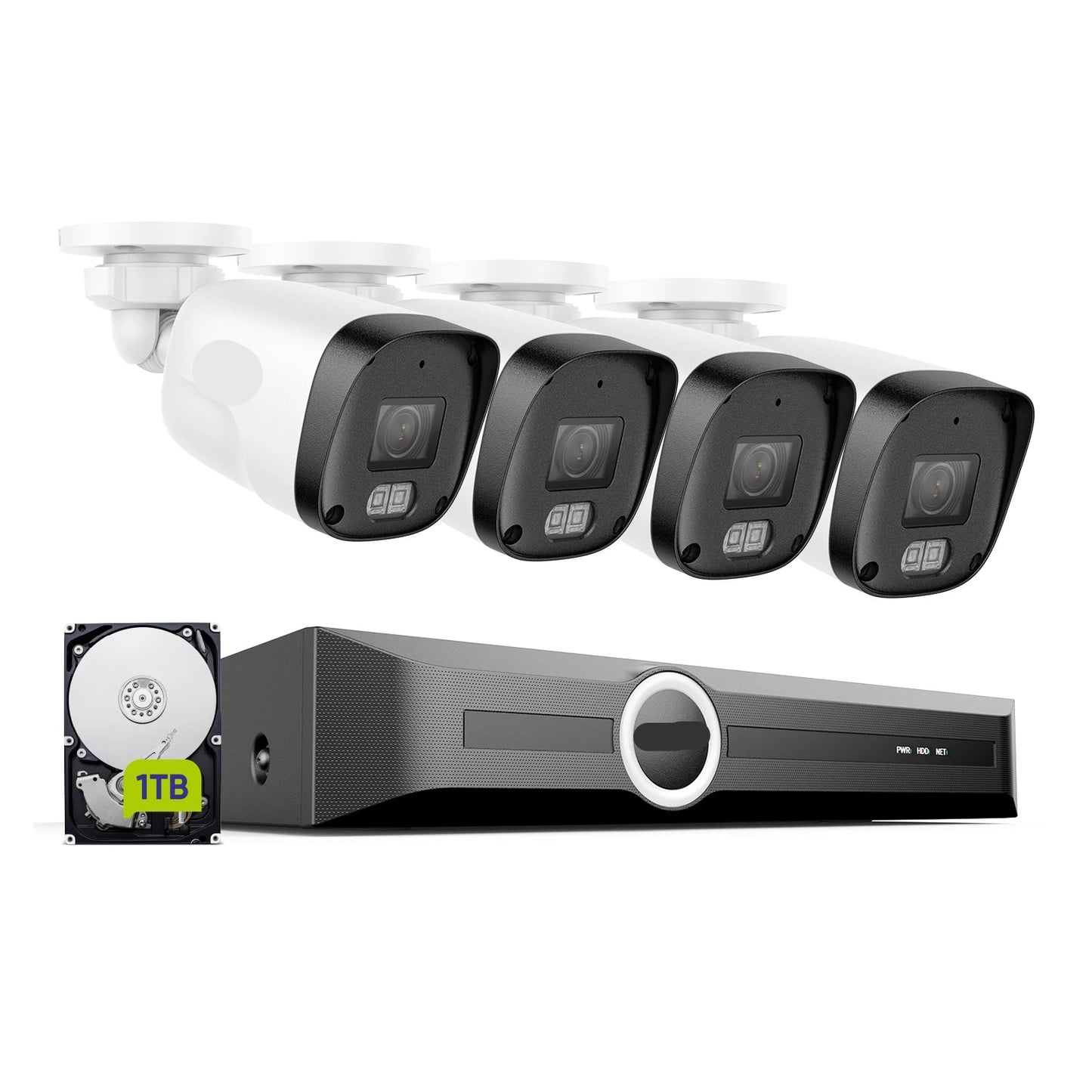 Beveiligingscamera Set – Camerabewaking – IP Camera Systeem – Surveillance Set – PoE Beveiligingssysteem – 4x 3MP Camera’s Met Microfoon – 4TB Opslag Met Nachtzicht Tot 30 Meter