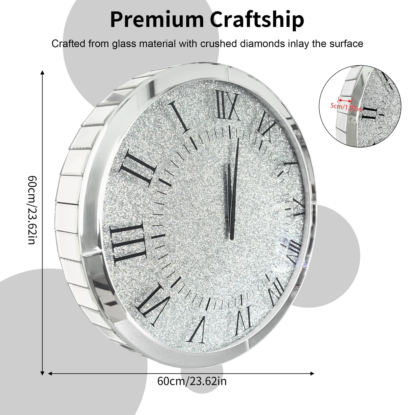 Ronde Wandklok – Kristallen Klok – Spiegelklok – Diamant Effect Klok – Zilveren Wandklok – Quartz Uurwerk – 60 cm Diameter