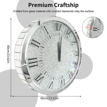 Ronde Wandklok – Kristallen Klok – Spiegelklok – Diamant Effect Klok – Zilveren Wandklok – Quartz Uurwerk – 60 cm Diameter