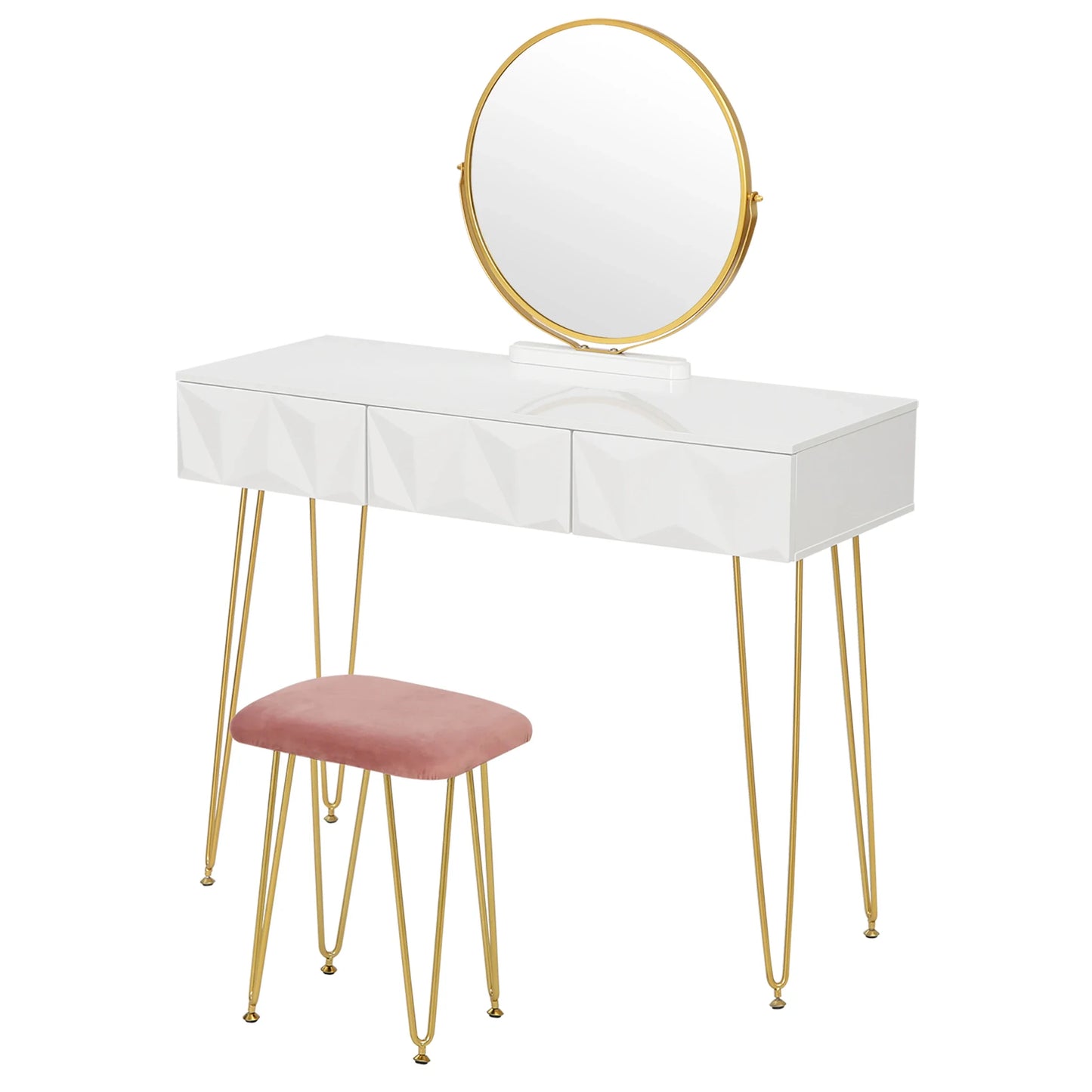 Kaptafel – Make-up Tafel – Visagie Tafel – Schminktafel – Dressoir – Wit – 360° Draaibare Spiegel – Fluwelen Kruk