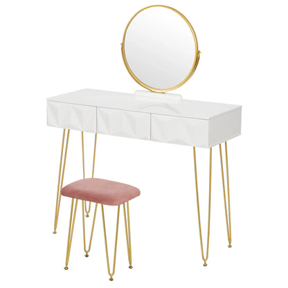 Kaptafel – Make-up Tafel – Visagie Tafel – Schminktafel – Dressoir – Wit – 360° Draaibare Spiegel – Fluwelen Kruk