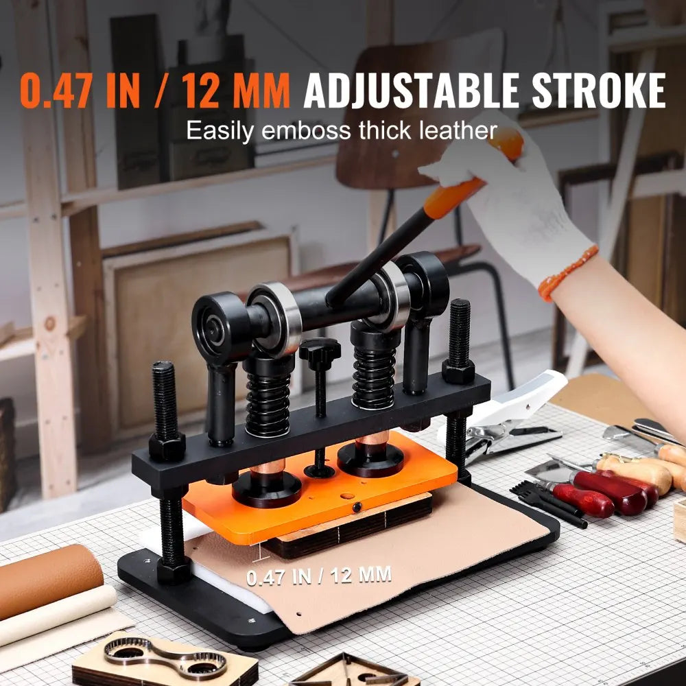 Handmatige Leersnijmachine - Lederen Snijmachine - Embossing Machine - Handmatige - met 12 mm Drukslag - Stanspers - voor Leer - Foam - Rubber en Kunststof - Verstelbare Druk - 1.5 Ton Drukkracht - 28 x 14 cm