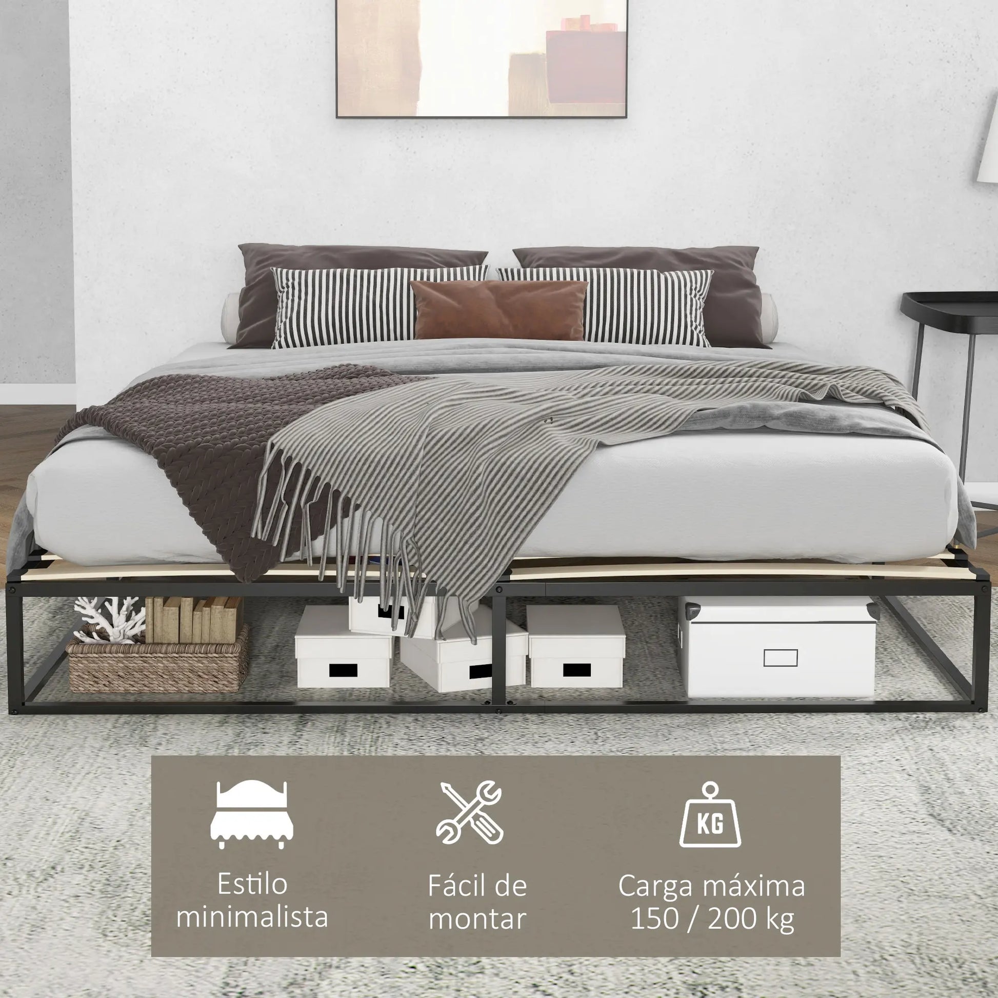 Bedframe – Tweepersoonsbed – Platformbed – Slaapbank – Boxspring – Industrieel Design – Stalen Frame - 200x180x25 cm - Zwart - QUORE
