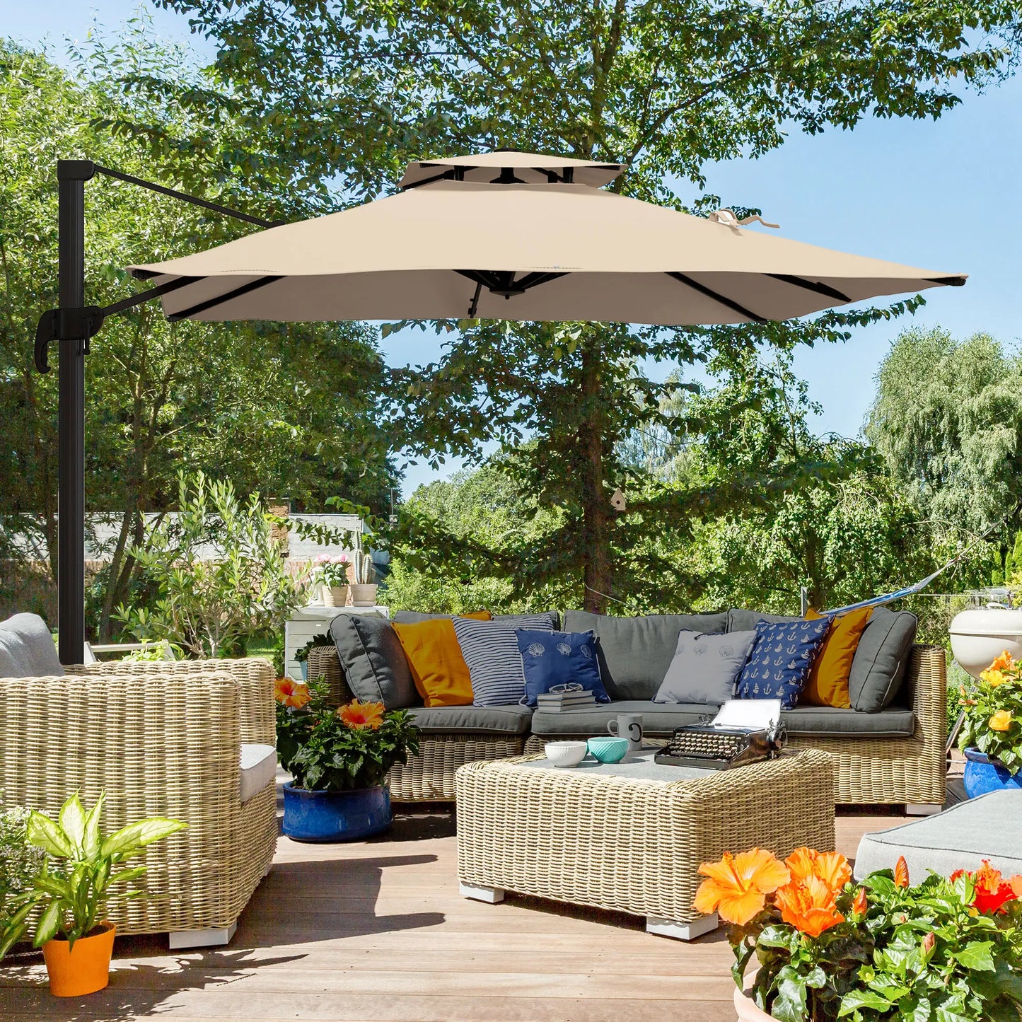 Tuinparasol – Zonwering – Buitenscherm – Parasol – Schaduwdoek – 300x300 cm – 360° Draaibaar – Aluminium Frame - Khaki
