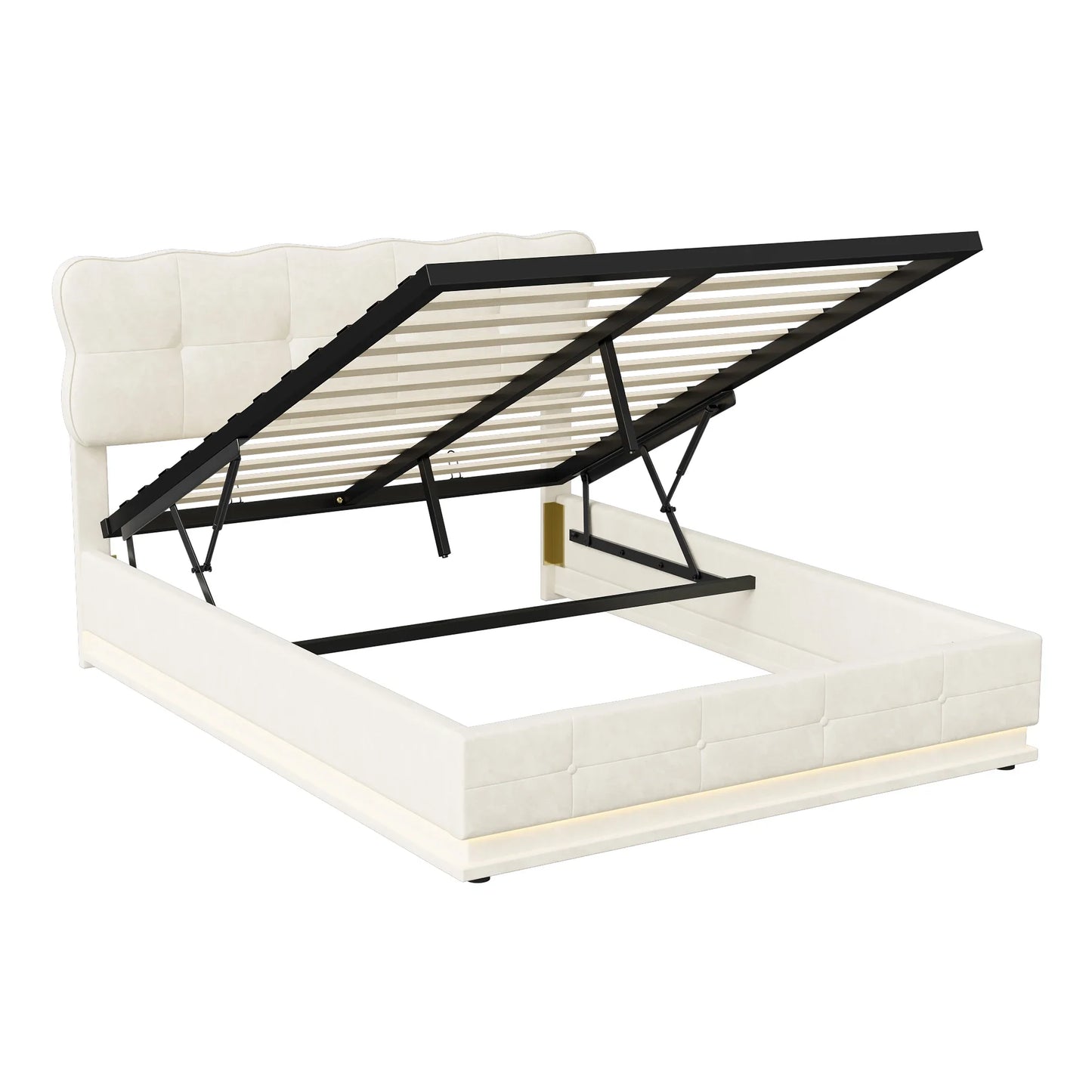 Velvet Bed – Fluwelen Bed – Bed Met Opbergruimte – Hydraulisch Bed – Warm Beige – 140x200 Cm – LED Sfeerverlichting