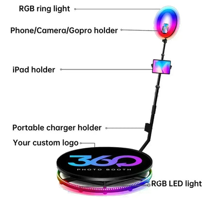 360° Photocabine – 360º Photobooth – Fotocabine – Draaiende Fotomachine – Photobooth voor 1-7 Personen – Robuust Massief Metaal – Inclusief Afstandsbediening en Draagcase