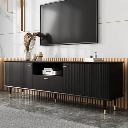 tv-meubel – tv-kast – televisie meubel – dressoir – mediameubel – wit gelakt MDF – soft-close deuren en lades – goudkleurige metalen poten - QUORE