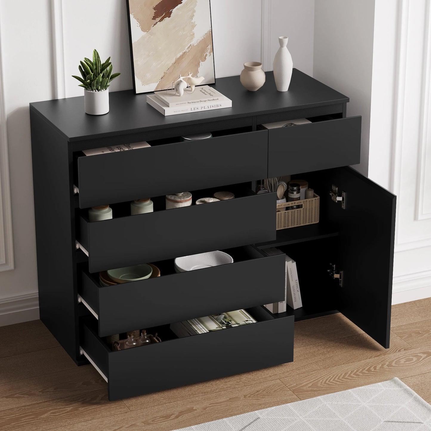 Ladekast – Dressoir – Opbergkast – Bergkast – Kast – Hoog Model – 5 Laden + 1 Deur – Mat Wit Met Zwarte Accenten – 100x80x40 cm – Veel Opbergruimte - QUORE
