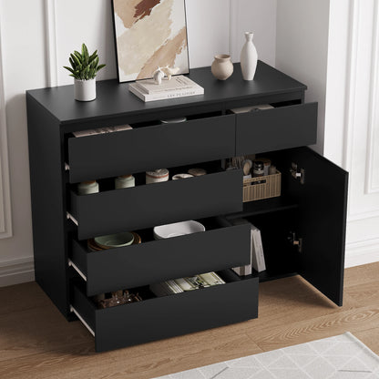 Ladekast – Dressoir – Opbergkast – Bergkast – Kast – Hoog Model – 5 Laden + 1 Deur – Mat Wit Met Zwarte Accenten – 100x80x40 cm – Veel Opbergruimte - QUORE