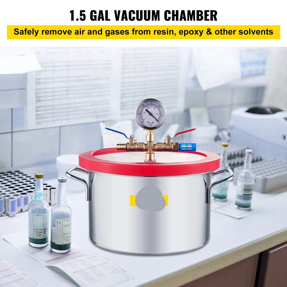 Vevor - Vacuum Chamber - 1.5 Gallon Vacuum Degassing Chamber - Glass Lid - Stainless Steel Degassing Chamber - Silicone for Gas Extraction - Silver