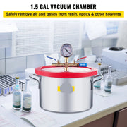 Vevor - Vacuum Chamber - 1.5 Gallon Vacuum Degassing Chamber - Glass Lid - Stainless Steel Degassing Chamber - Silicone for Gas Extraction - Silver