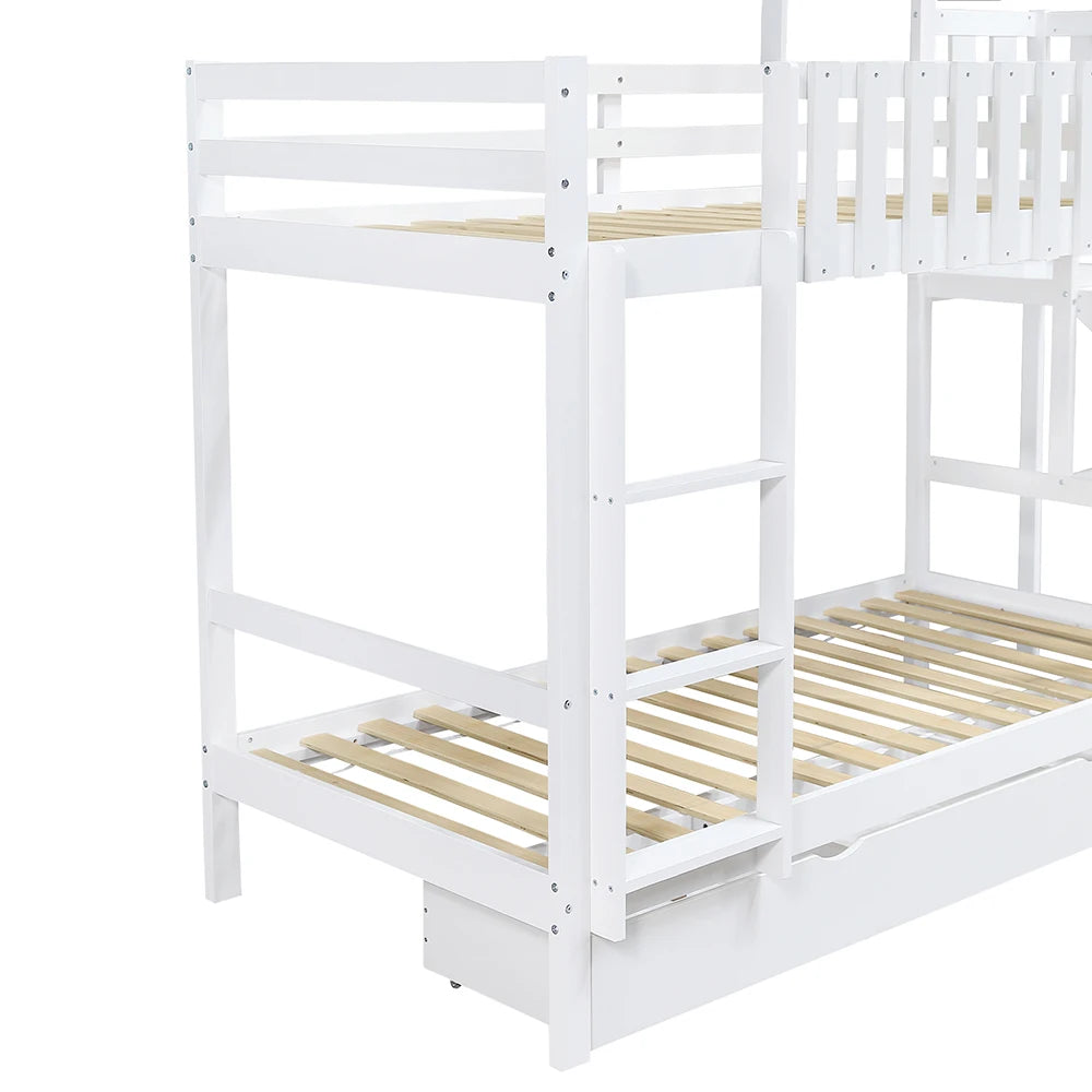 Kinder Stapelbed – Kinderbed – Bunkbed – Hoogslaper – Stapelbed Met Glijbaan – Wit – 90x200 cm – Grote Lade Op Wieltjes – Stevig Massief Hout